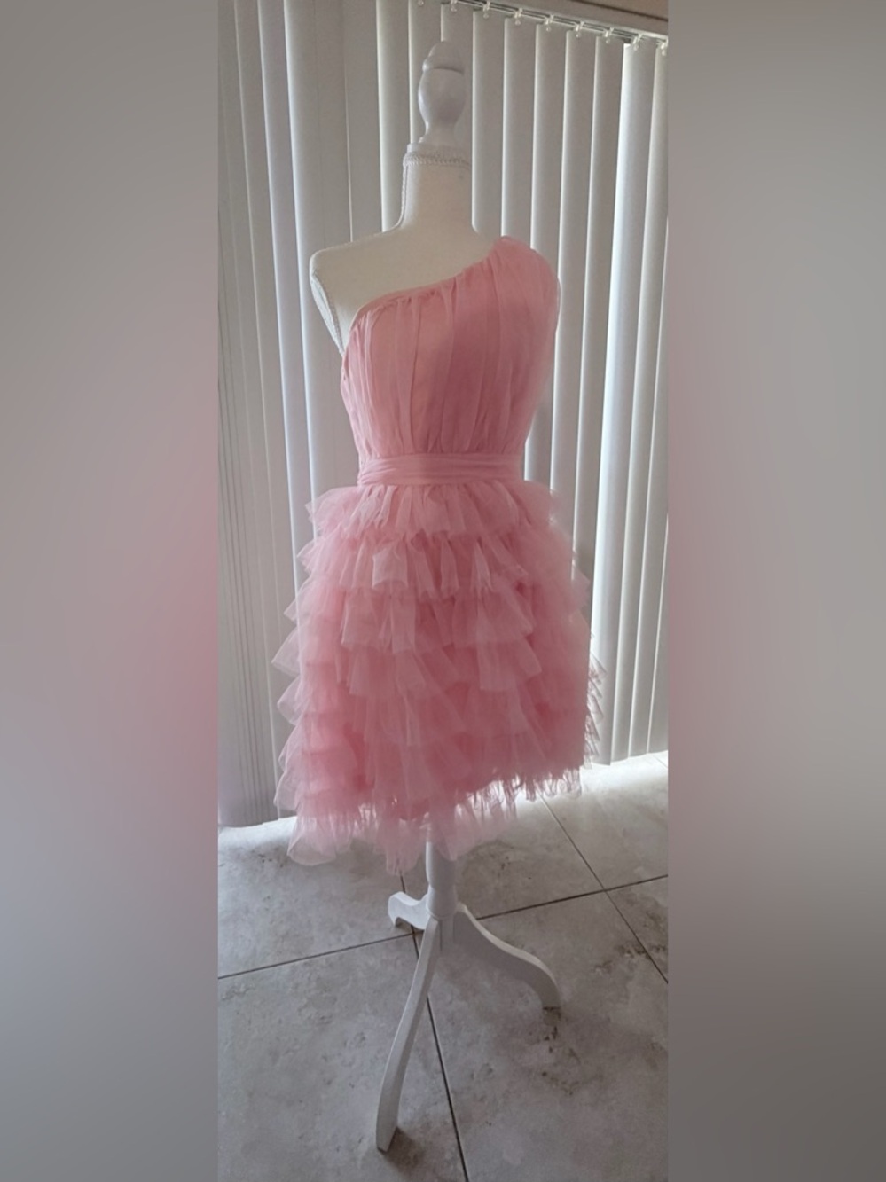 Pink One-Shoulder Tulle Ruffle Kids Dress